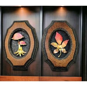 Vtg MCM Mushroom Marijuana Decor Metal 3D Wood Brutalist Style Retro Plaque
